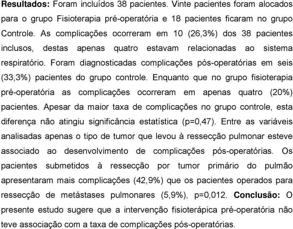 Foram diagnosticadas complicações pós-operatórias em seis (33,3%) pacientes do grupo controle.