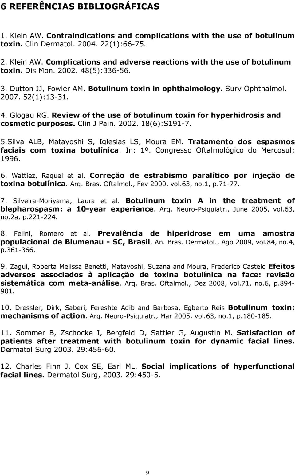 Review of the use of botulinum toxin for hyperhidrosis and cosmetic purposes. Clin J Pain. 2002. 18(6):S191-7. 5.Silva ALB, Matayoshi S, Iglesias LS, Moura EM.