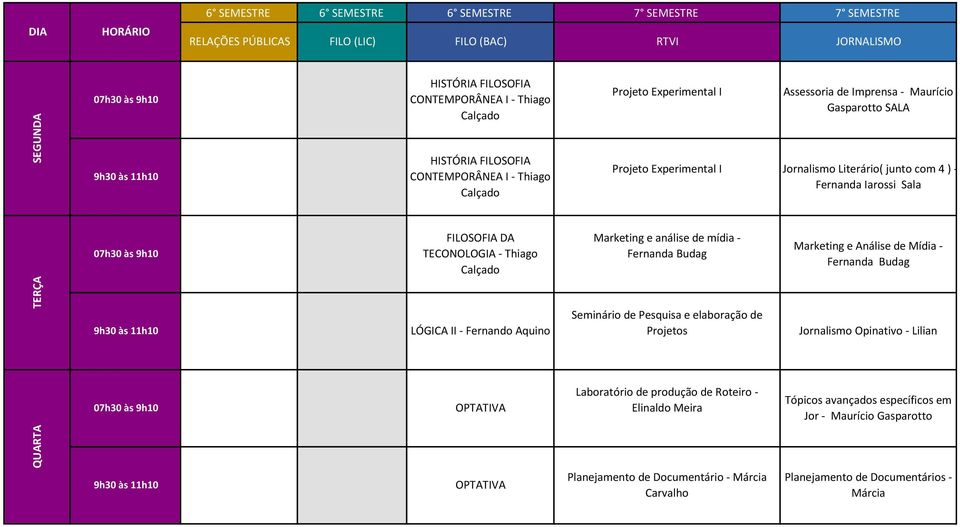 e análise de mídia - Fernanda Budag Marketing e Análise de Mídia - Fernanda Budag TERÇA LÓGICA II - Fernando Aquino Seminário de Pesquisa e elaboração de Projetos Jornalismo Opinativo - Lilian