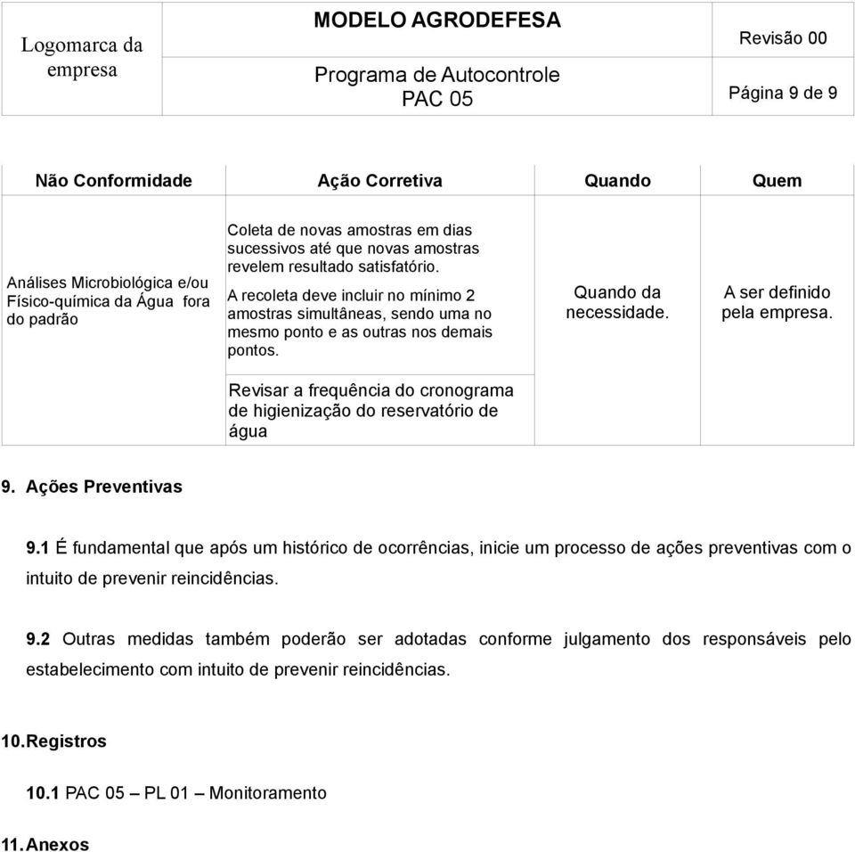 Revisar a frequência do cronograma de higienização do reservatório de água 9. Ações Preventivas 9.