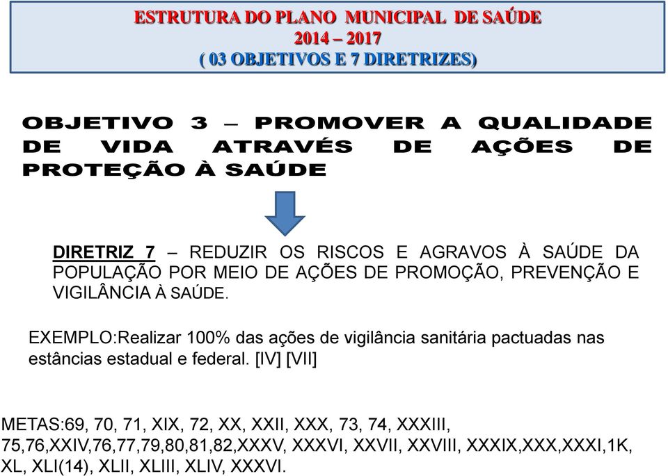 EXEMPLO:Realizar 100% das ações de vigilância sanitária pactuadas nas estâncias estadual e federal.