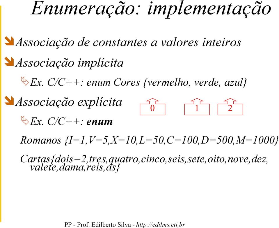 C/C++: enum Cores {vermelho, verde, azul} Associação explícita Ex.