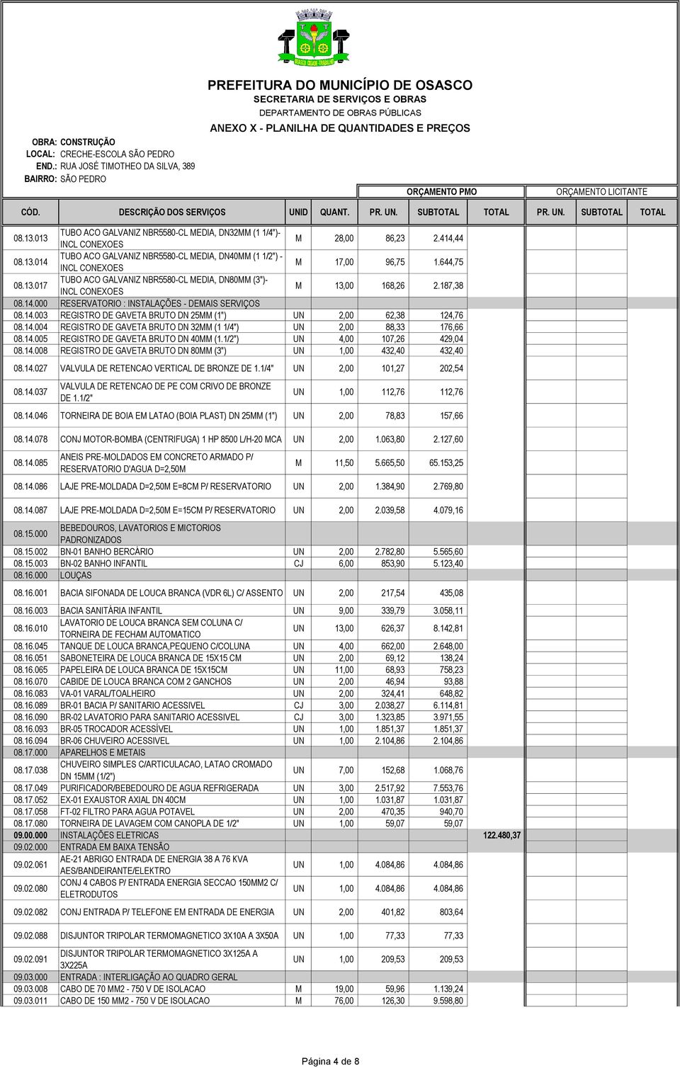 14.005 REGISTRO DE GAVETA BRUTO DN 40MM (1.1/2") UN 4,00 107,26 429,04 08.14.008 REGISTRO DE GAVETA BRUTO DN 80MM (3") UN 1,00 432,40 432,40 08.14.027 VALVULA DE RETENCAO VERTICAL DE BRONZE DE 1.