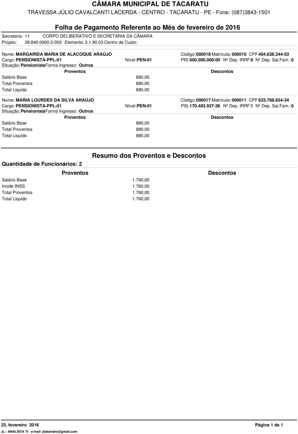 : 0 Situação: PensionistaForma Ingresso: Outros Salário Base 880,00 Total 880,00 Total Liquido 880,00 Nome: MARIA LOURDES DA SILVA ARAÚJO Código: 000017 Matrícula: 000011 CPF:633.768.