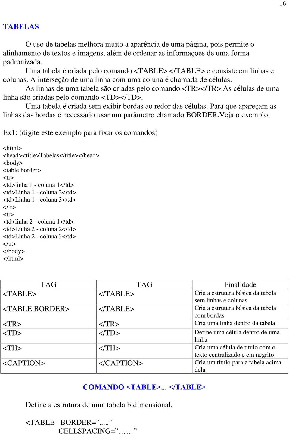 As linhas de uma tabela são criadas pelo comando <TR></TR>.As células de uma linha são criadas pelo comando <TD></TD>. Uma tabela é criada sem exibir bordas ao redor das células.