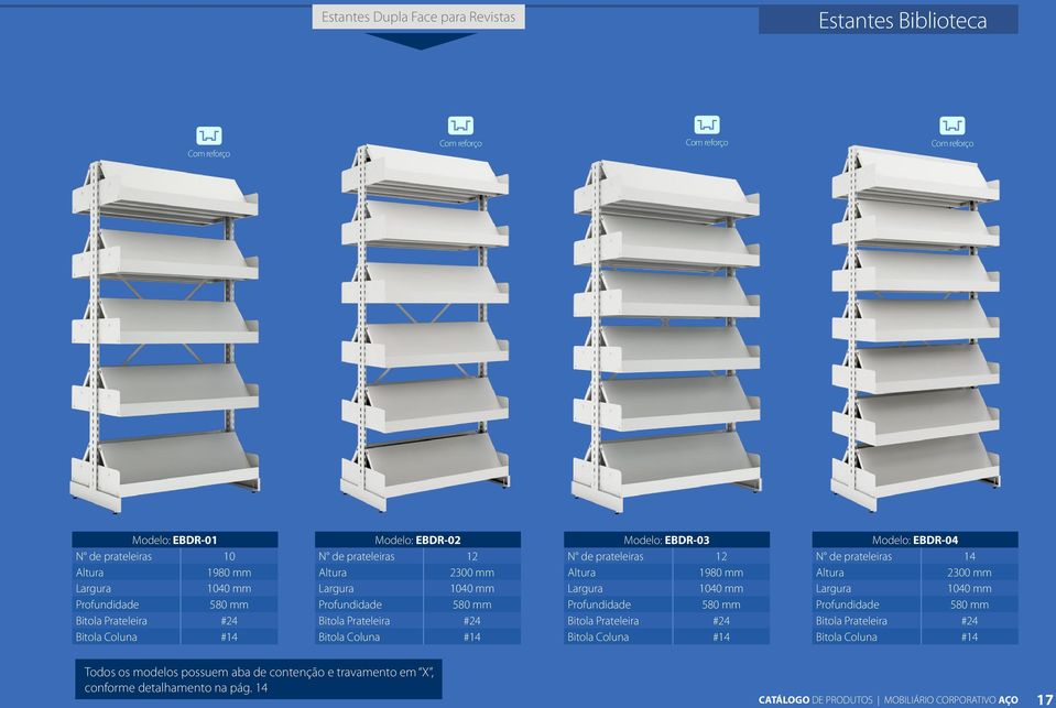 580 mm Modelo: EBDR-04 N de prateleiras 14 2300 mm 1040 mm 580 mm Todos os modelos possuem aba de