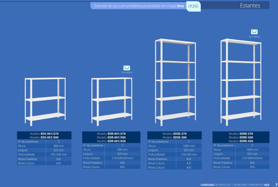 Bitola Coluna #20 Modelo: EDSE-270 Modelo: EDSE-300 N de prateleiras 5 1800 mm 270/300 mm Bitola Prateleira #26 Bitola Coluna #20 Bitola Coluna #20 Modelo: