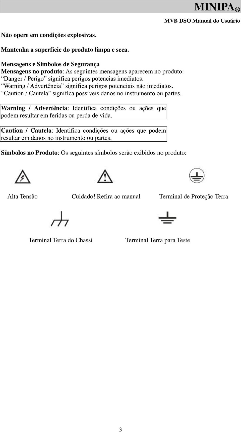 Warning / Advertência significa perigos potenciais não imediatos. Caution / Cautela significa possíveis danos no instrumento ou partes.