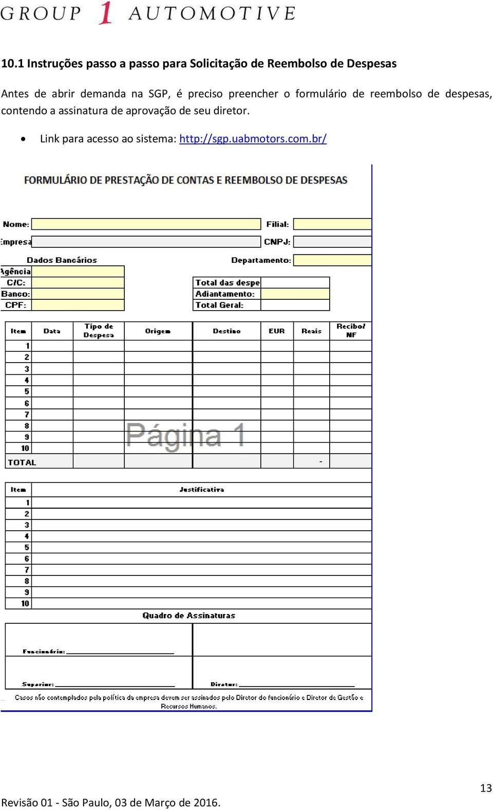 formulário de reembolso de despesas, contendo a assinatura de