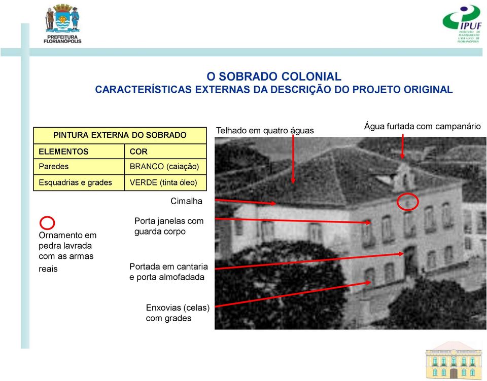 grades COR BRANCO (caiação) VERDE (tinta óleo) Cimalha Ornamento em pedra lavrada com as armas