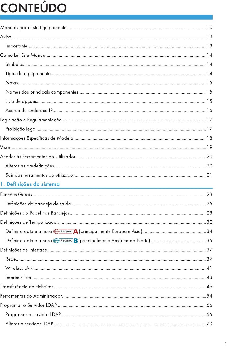 .. 20 Alterar as predefinições... 20 Sair das ferramentas do utilizador... 21 1. Definições do sistema Funções Gerais...23 Definições da bandeja de saída... 25 Definições do Papel nas Bandejas.