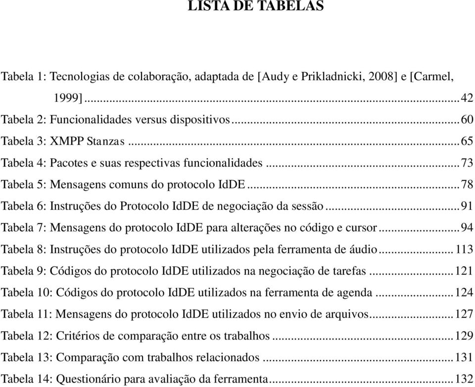 .. 91 Tabela 7: Mensagens do protocolo IdDE para alterações no código e cursor... 94 Tabela 8: Instruções do protocolo IdDE utilizados pela ferramenta de áudio.