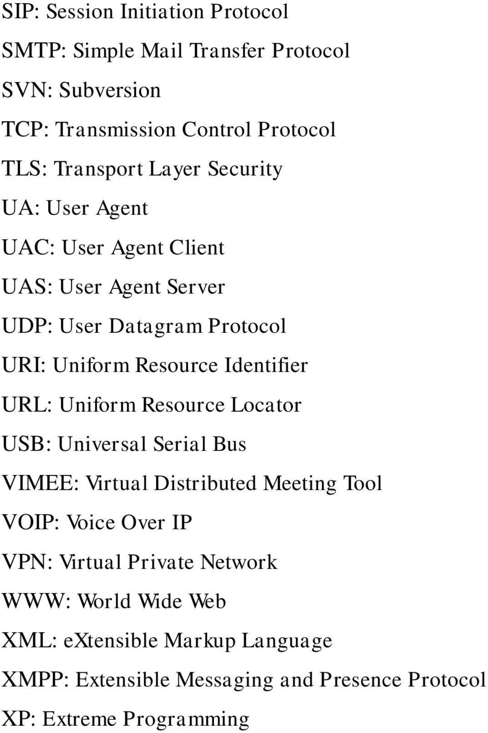 Identifier URL: Uniform Resource Locator USB: Universal Serial Bus VIMEE: Virtual Distributed Meeting Tool VOIP: Voice Over IP VPN: