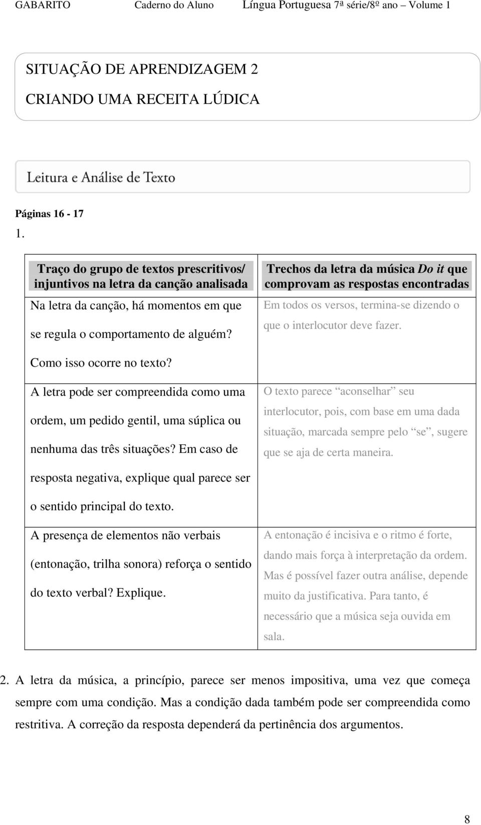 Trechos da letra da música Do it que comprovam as respostas encontradas Em todos os versos, termina-se dizendo o que o interlocutor deve fazer. Como isso ocorre no texto?