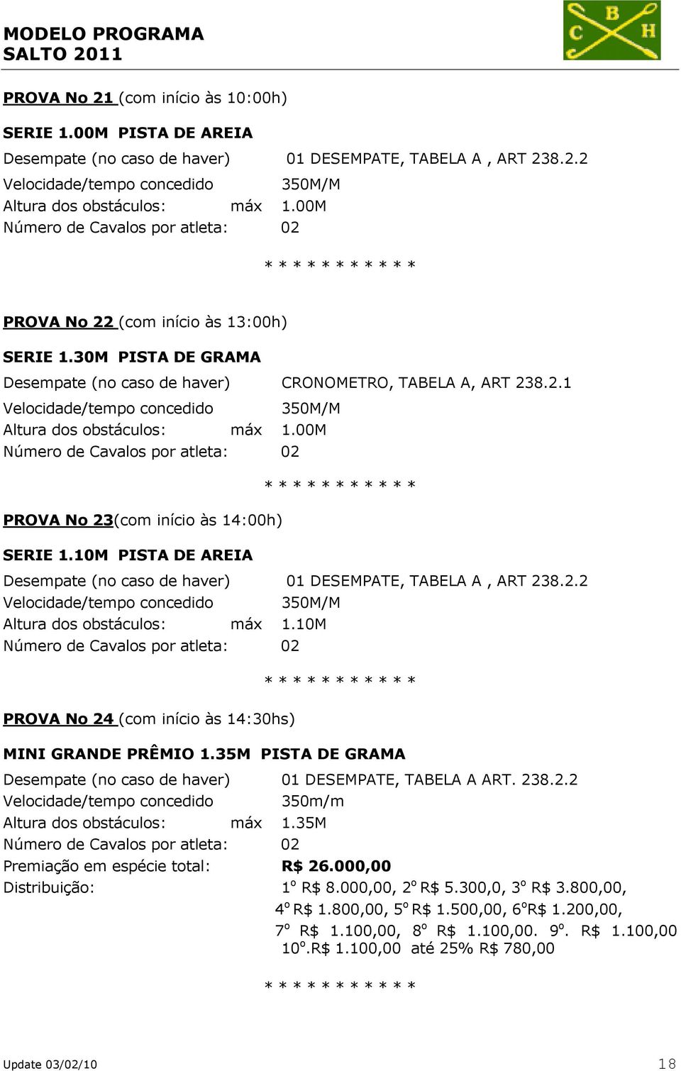 00M PROVA No 23(com início às 14:00h) SERIE 1.10M PISTA DE AREIA Desempate (no caso de haver) 01 DESEMPATE, TABELA A, ART 238.2.2 Velocidade/tempo concedido 350M/M Altura dos obstáculos: máx 1.