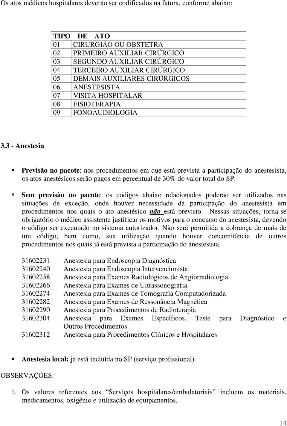 3 - Anestesia Previsão no pacote: nos procedimentos em que está prevista a participação do anestesista, os atos anestésicos serão pagos em percentual de 30% do valor total do SP.