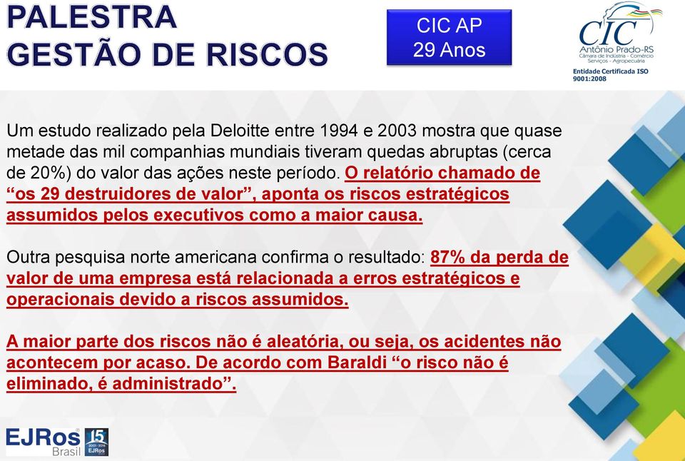 Outra pesquisa norte americana confirma o resultado: 87% da perda de valor de uma empresa está relacionada a erros estratégicos e operacionais devido a