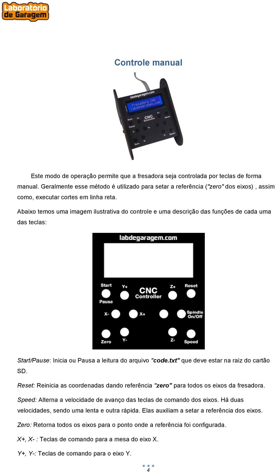 Abaixo temos uma imagem ilustrativa do controle e uma descrição das funções de cada uma das teclas: Start/Pause: Inicia ou Pausa a leitura do arquivo "code.txt" que deve estar na raiz do cartão SD.