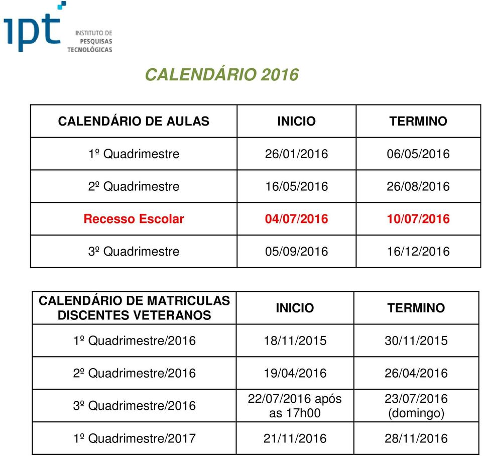 MATRICULAS DISCENTES VETERANOS INICIO TERMINO 1º Quadrimestre/2016 18/11/2015 30/11/2015 2º Quadrimestre/2016