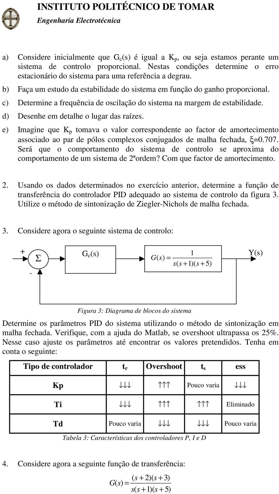 e) Imagine que K p tomava o valor correspondente ao factor de amortecimento associado ao par de pólos complexos conjugados de malha fechada, ξ.77.