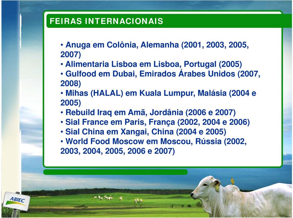 (2004 e 2005) Rebuild Iraq em Amã, Jordânia (2006 e 2007) Sial France em Paris, França (2002, 2004 e 2006)