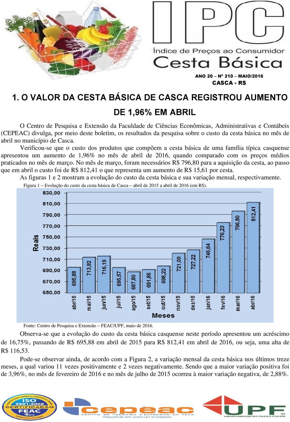 Verificou-se que o custo dos produtos que compõem a cesta básica de uma família típica casquense apresentou um aumento de 1,96% no mês de abril de 2016, quando comparado com os preços médios