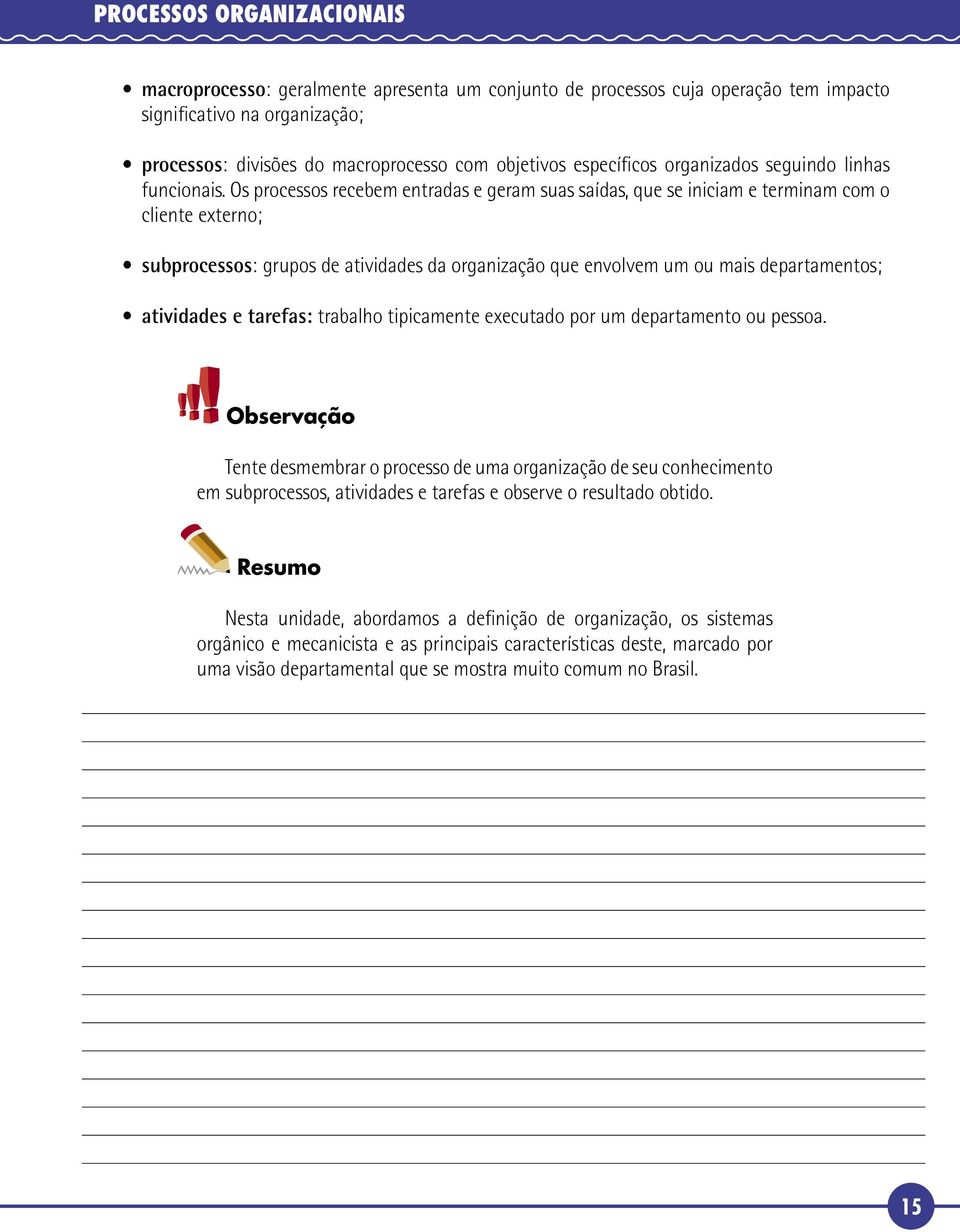 Os processos recebem entradas e geram suas saídas, que se iniciam e terminam com o cliente externo; subprocessos: grupos de atividades da organização que envolvem um ou mais departamentos; atividades