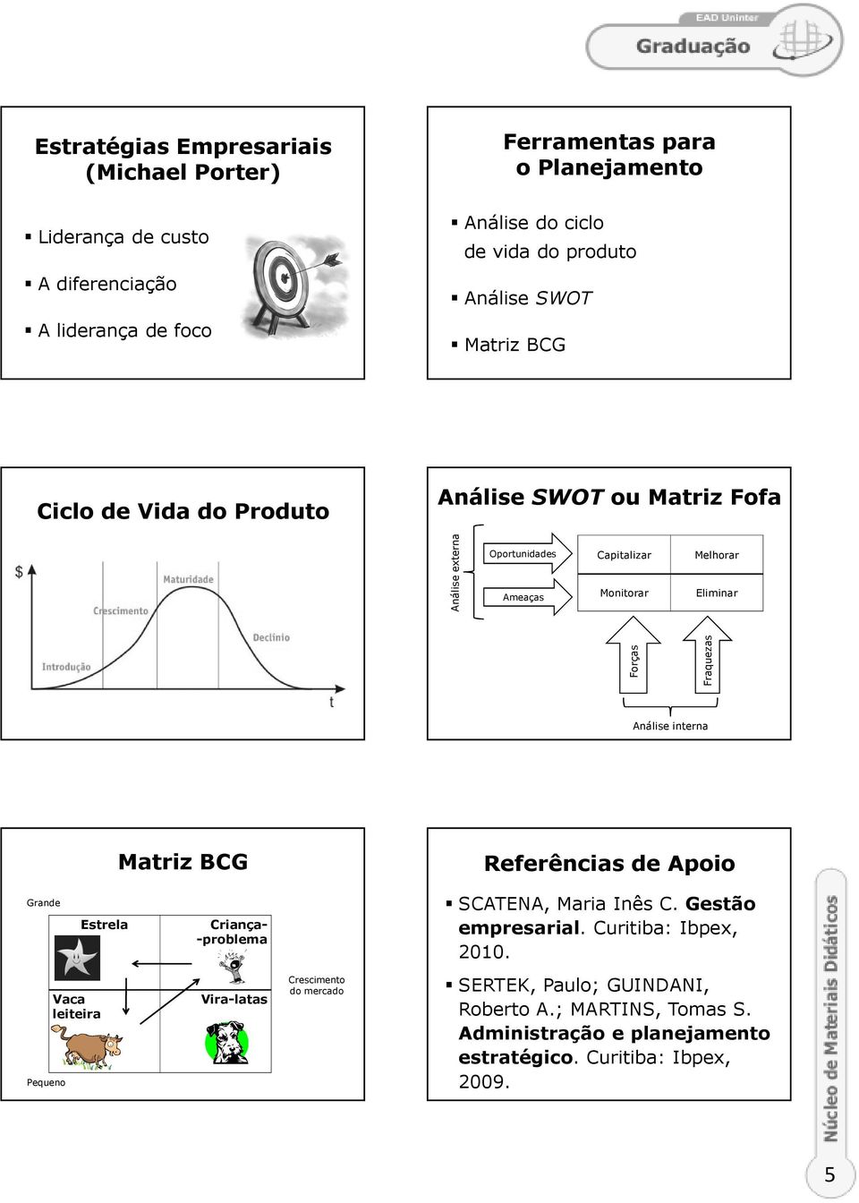 Fraquezas Análise interna Matriz BCG Referências de Apoio Grande Estrela Criança- -problema SCATENA, Maria Inês C. Gestão empresarial. Curitiba: Ibpex, 2010.