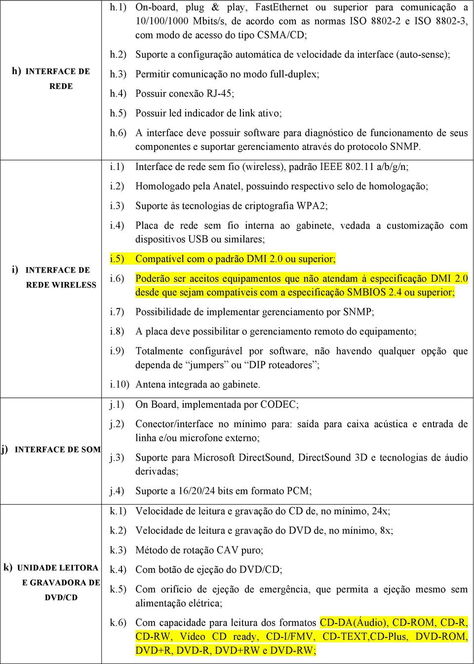 4) Possuir conexão RJ-45; h.5) Possuir led indicador de link ativo; h.