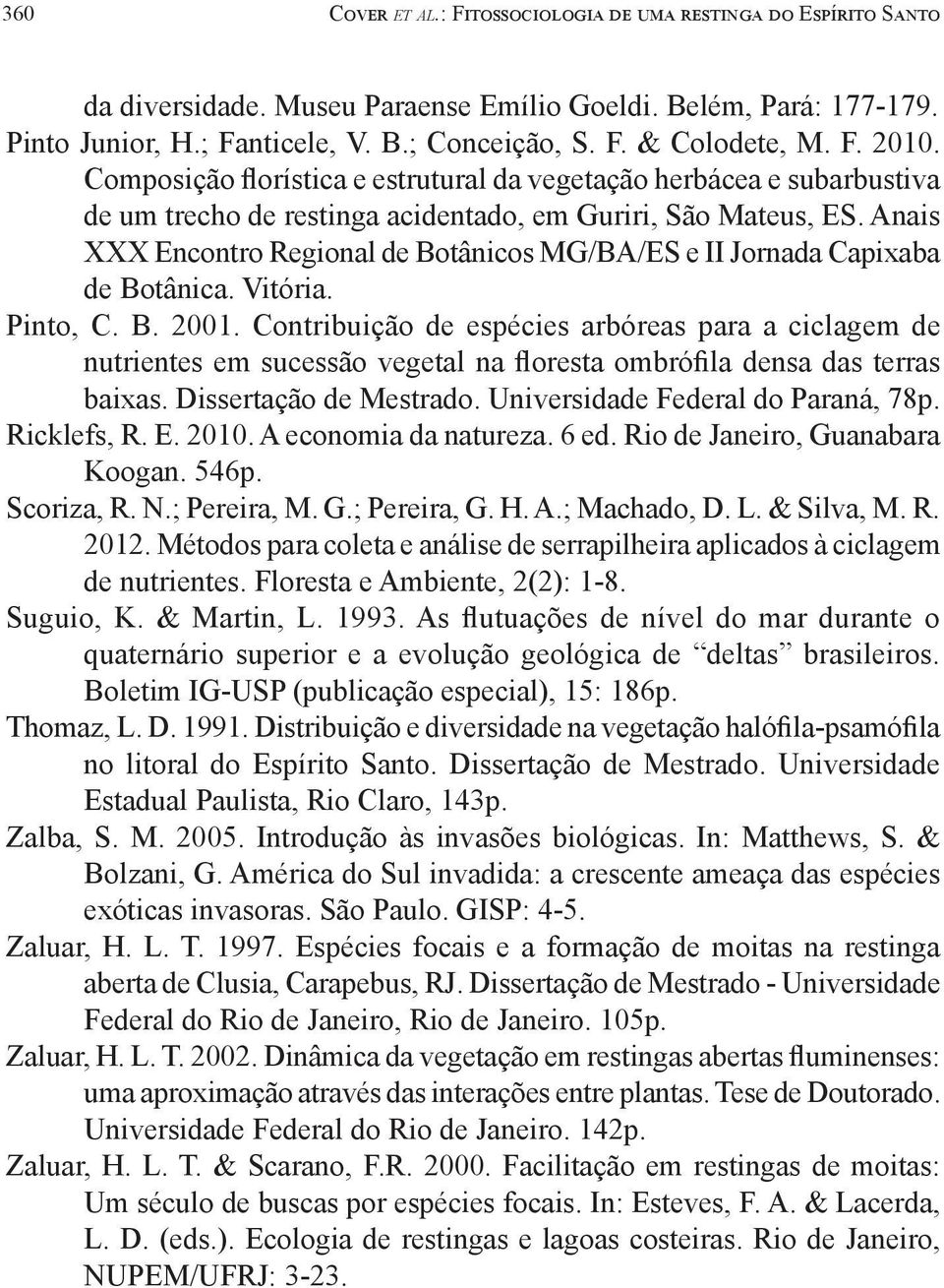 Anais XXX Encontro Regional de Botânicos MG/BA/ES e II Jornada Capixaba de Botânica. Vitória. Pinto, C. B. 2001.