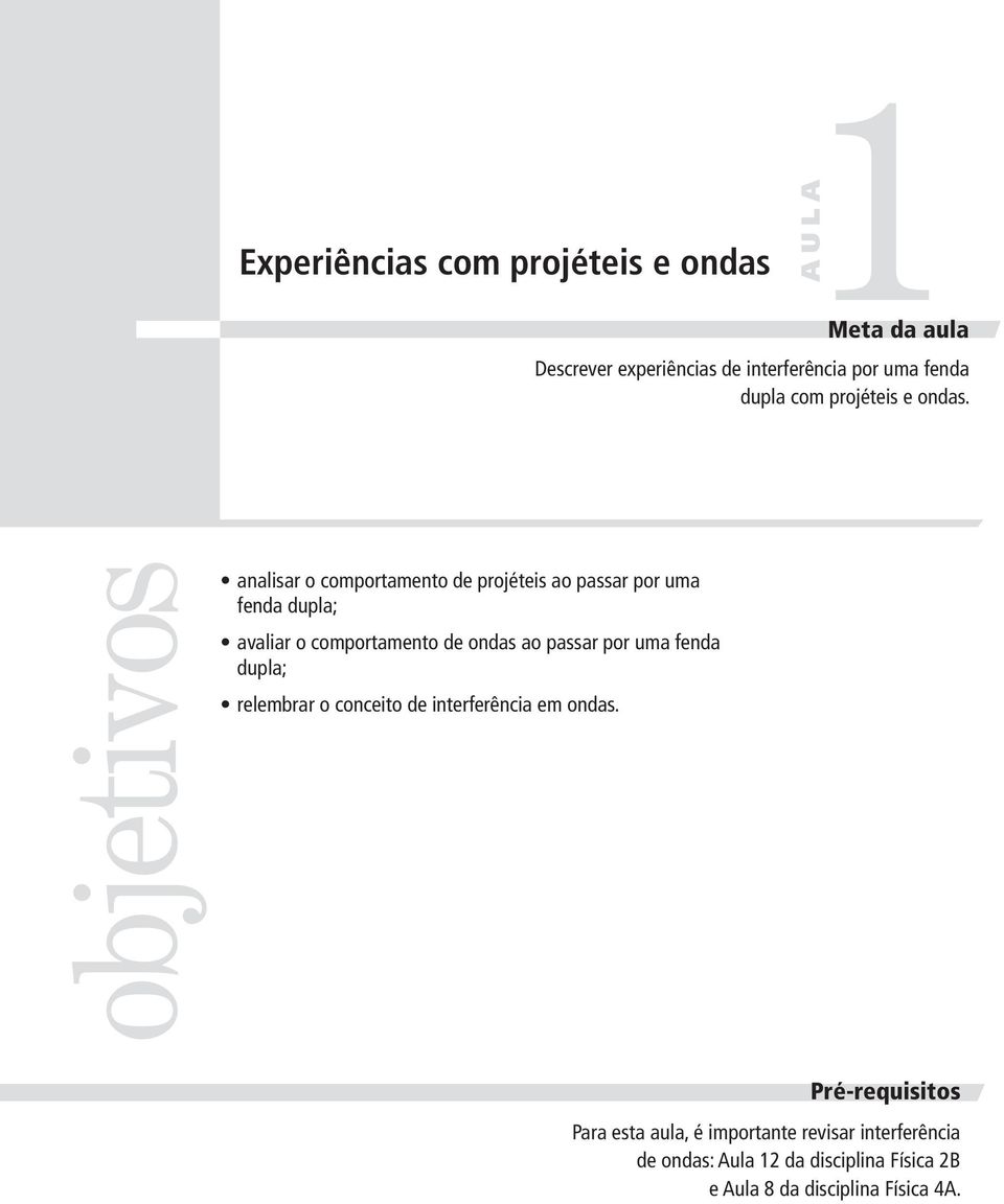 objetivos analisar o comportamento de projéteis ao passar por uma fenda dupla; avaliar o comportamento de ondas ao