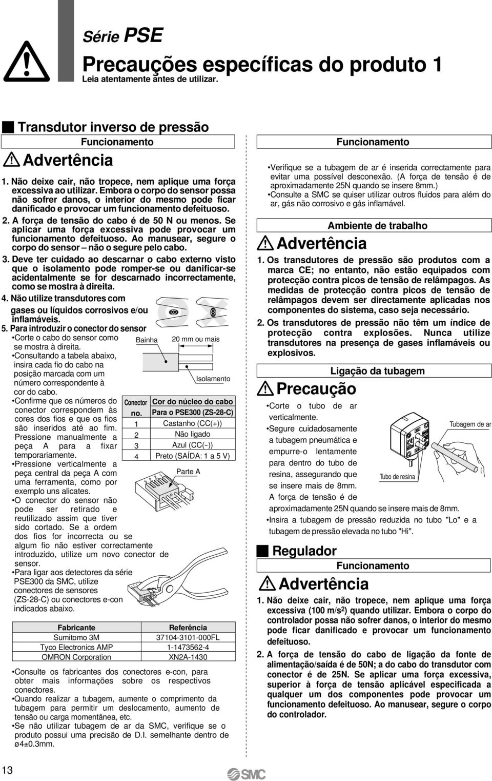 Embora o corpo do sensor possa não sofrer danos, o interior do mesmo pode ficar danificado e provocar um funcionamento defeituoso. 2. A força de tensão do cabo é de 50 N ou menos.