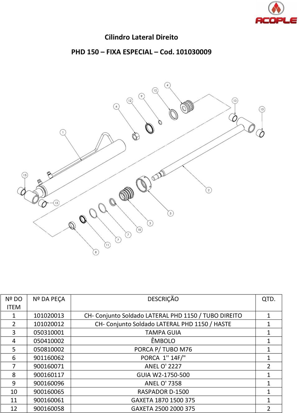 PHD 1150 / HASTE 1 3 050310001 TAMPA GUIA 1 4 050410002 ÊMBOLO 1 5 050810002 PORCA P/ TUBO M76 1 6 901160062 PORCA 1''