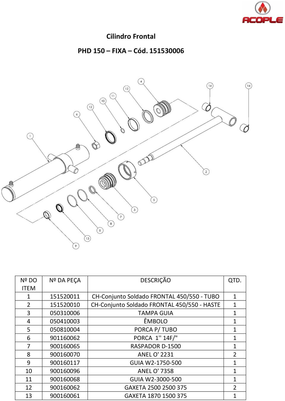 HASTE 1 3 050310006 TAMPA GUIA 1 4 050410003 ÊMBOLO 1 5 050810004 PORCA P/ TUBO 1 6 901160062 PORCA 1'' 14F/" 1 7