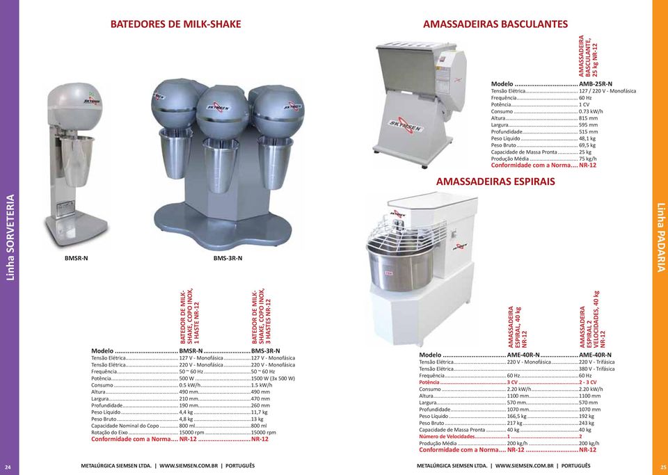 .. AMASSADEIRAS ESPIRAIS AMASSADEIRA BASCULANTE, 25 kg Linha SORVETERIA BMSR-N BMS-3R-N Linha PADARIA BATEDOR DE MILK- SHAKE, COPO INOX, 1 HASTE BATEDOR DE MILK- SHAKE, COPO INOX, 3 HASTES Modelo.