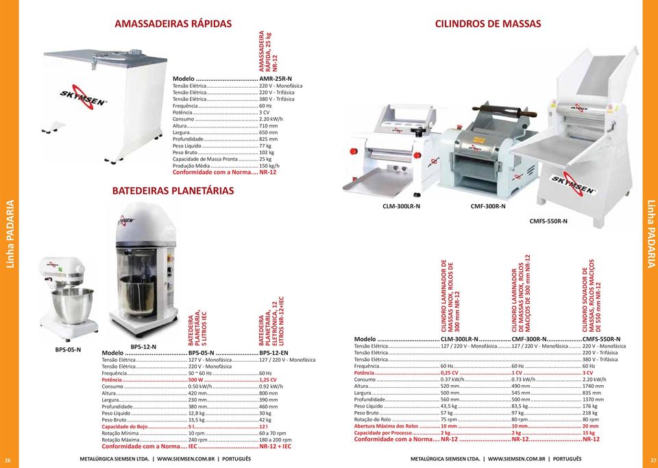 .. 150 kg/h Conformidade com a Norma... CILINDROS DE MASSAS BATEDEIRAS PLANETÁRIAS Linha PADARIA BPS-05-N BATEDEIRA PLANETÁRIA, 5 LITROS IEC BATEDEIRA PLANETARIA, ELETRÔNICA, 12 BPS-12-N Modelo.