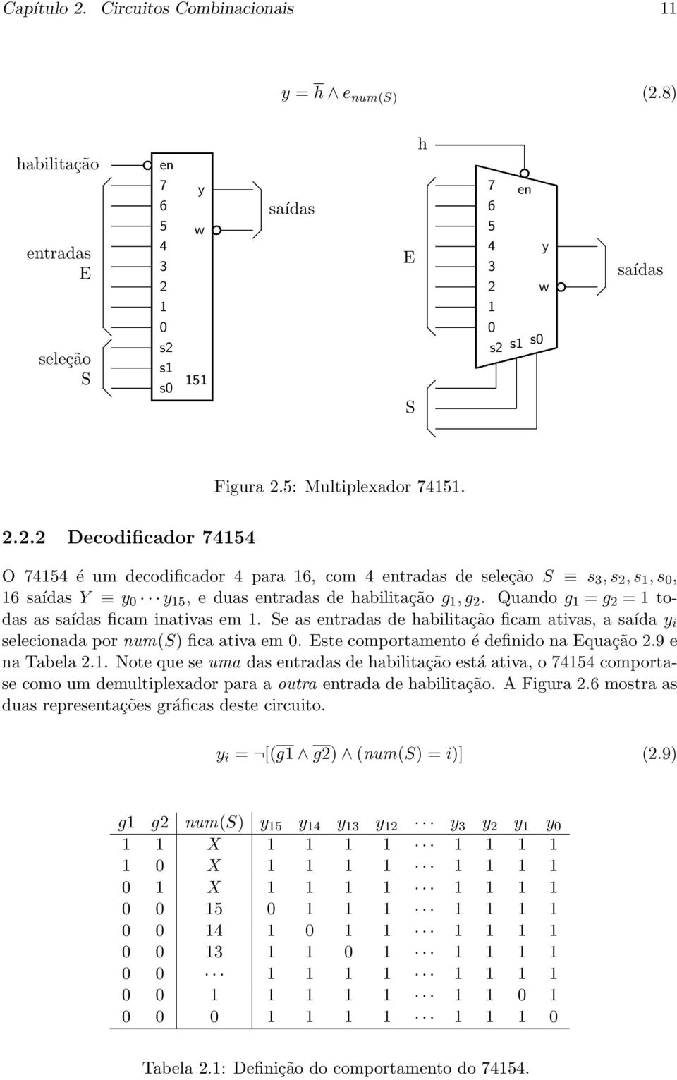 g 1 = g 2 = 1 todas as saídas ficam inativas em 1 Se as entradas de habilitação ficam ativas, a saída y i selecionada por num(s) fica ativa em 0 Este comportamento é definido na Equação 29 e na