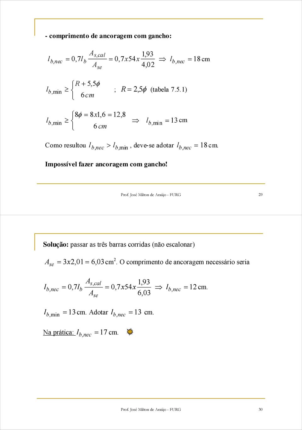 José Miton de Araújo - FURG 29 Soução: passar as três barras corridas (não escaonar) A se = 3 x2,01 = 6,03cm 2.