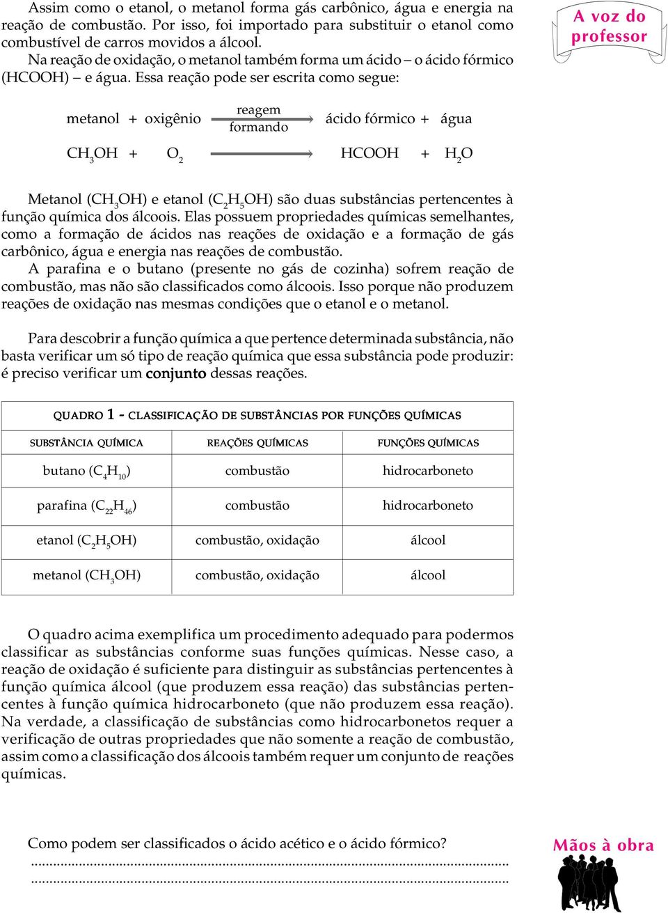 Essa reação pode ser escrita como segue: metanol + oxigênio reagem ácido fórmico + formando CH 3 OH + O 2 HCOOH + H 2 O Metanol (CH 3 OH) e etanol (C 2 OH) são duas substâncias pertencentes à função