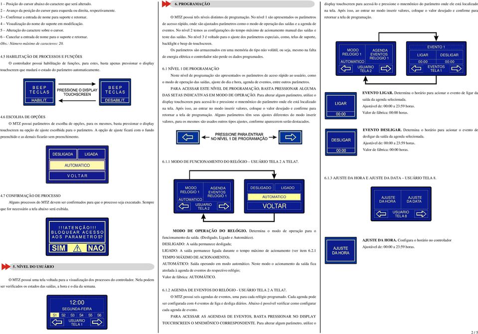 5 HABILITAÇÃO DE PROCESSOS E FUNÇÕES O controlador possui habilitação de funções, para estes, basta apenas pressionar o display touchscreen que mudará o estado do parâmetro automaticamente. 4.