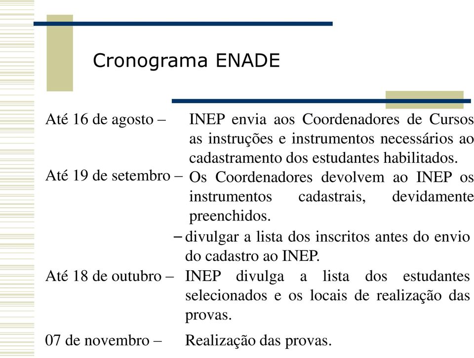 Até 19 de setembro Os Coordenadores devolvem ao INEP os instrumentos cadastrais, devidamente preenchidos.