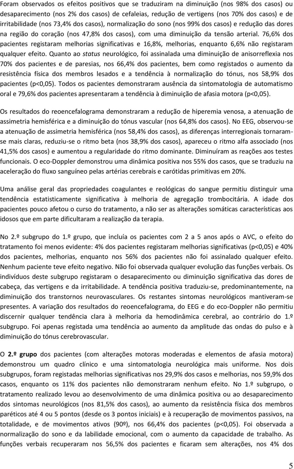 76,6% dos pacientes registaram melhorias significativas e 16,8%, melhorias, enquanto 6,6% não registaram qualquer efeito.