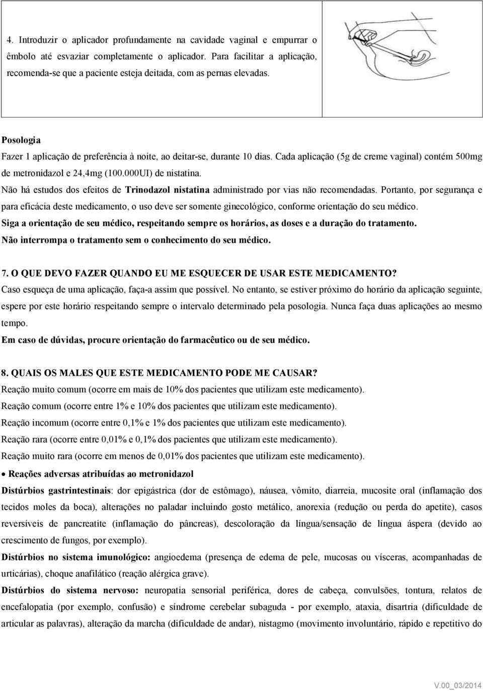 Cada aplicação (5g de creme vaginal) contém 500mg de metronidazol e 24,4mg (100.000UI) de nistatina. Não há estudos dos efeitos de Trinodazol nistatina administrado por vias não recomendadas.