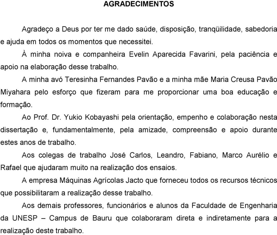 A minha avó Teresinha Fernandes Pavão e a minha mãe Maria Creusa Pavão Miyahara pelo esforço que fizeram para me proporcionar uma boa educação e formação. Ao Prof. Dr.