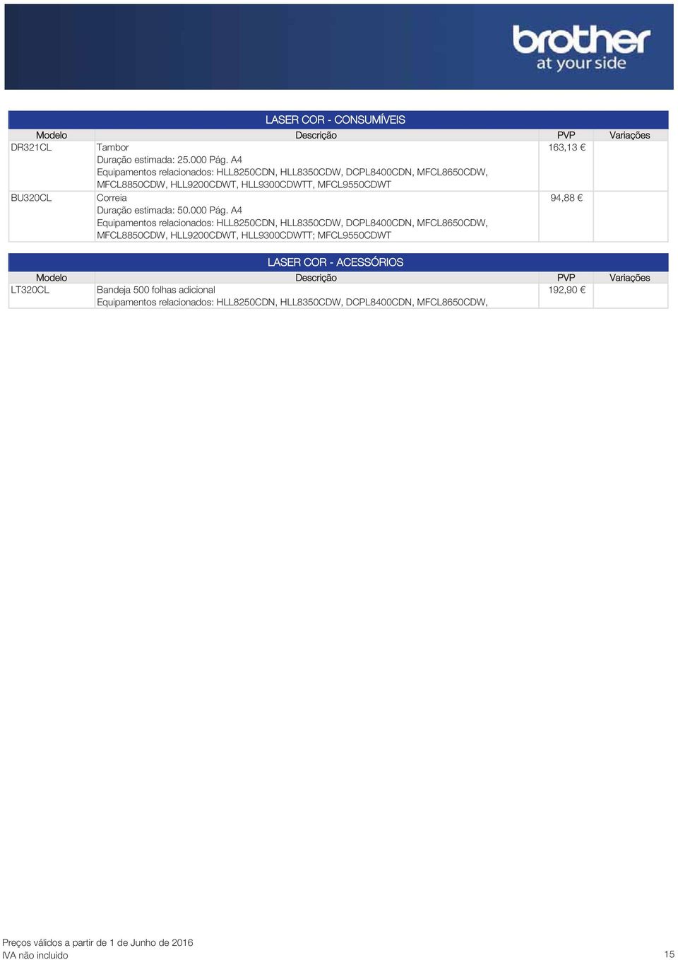 Pág. A4 Equipamentos relacionados: HLL825CDN, HLL835CDW, DCPL84CDN, MFCL865CDW, MFCL885CDW, HLL92CDWT, HLL93CDWTT; MFCL955CDWT 94,88 LASER COR - ACESSÓRIOS