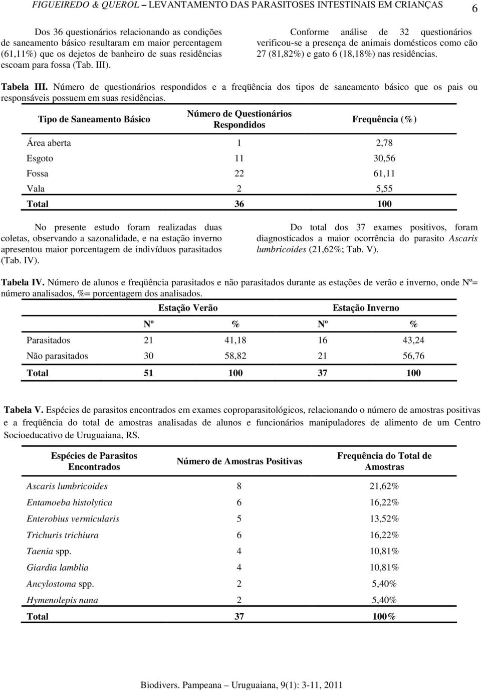 Número de questionários respondidos e a freqüência dos tipos de saneamento básico que os pais ou responsáveis possuem em suas residências.