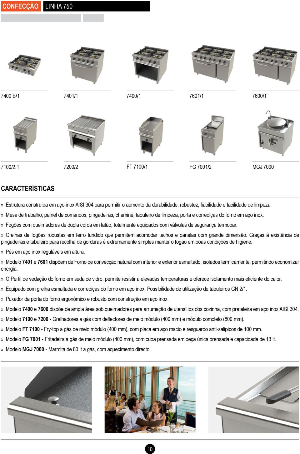 Mesa de trabalho, painel de comandos, pingadeiras, chaminé, tabuleiro de limpeza, porta e corrediças do forno em aço inox.