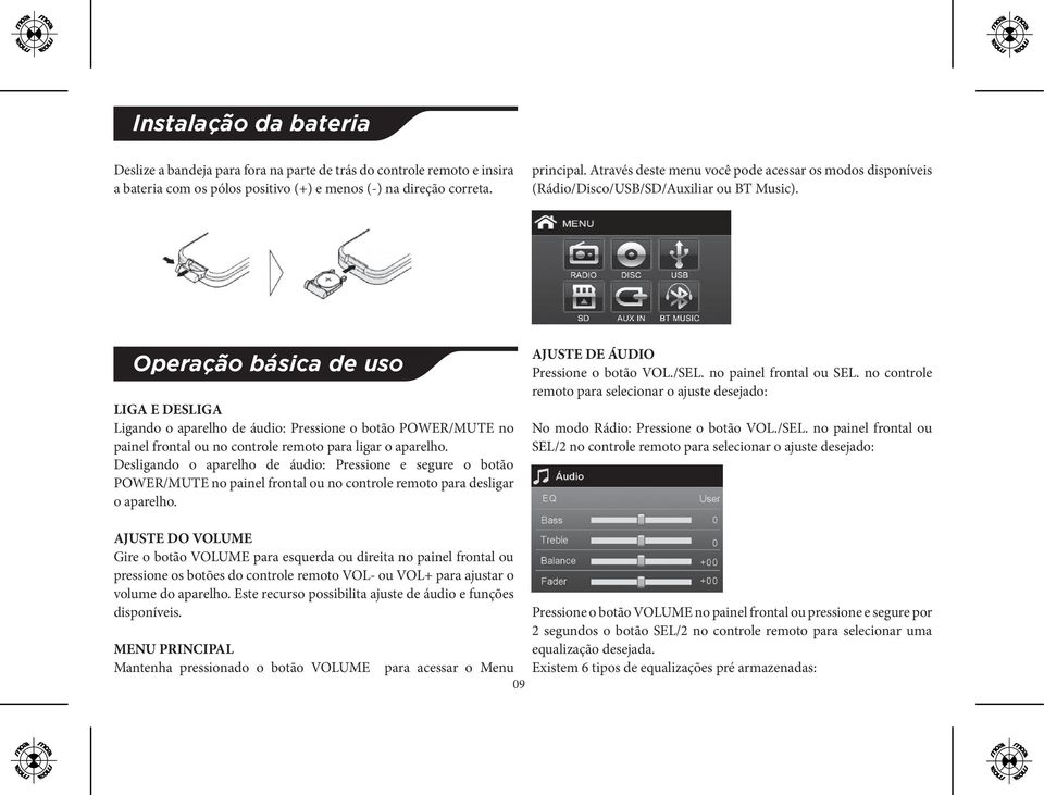 Operação básica de uso LIGA E DESLIGA Ligando o aparelho de áudio: Pressione o botão POWER/MUTE no painel frontal ou no controle remoto para ligar o aparelho.