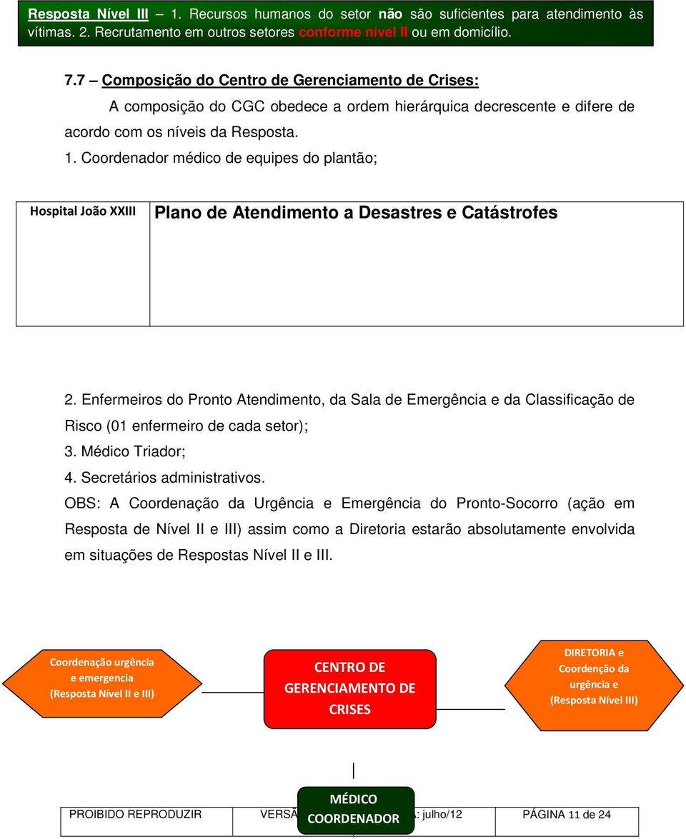 Coordenador médico de equipes do plantão; Hospital João XXIII 2. Enfermeiros do Pronto Atendimento, da Sala de Emergência e da Classificação de Risco (01 enfermeiro de cada setor); 3.