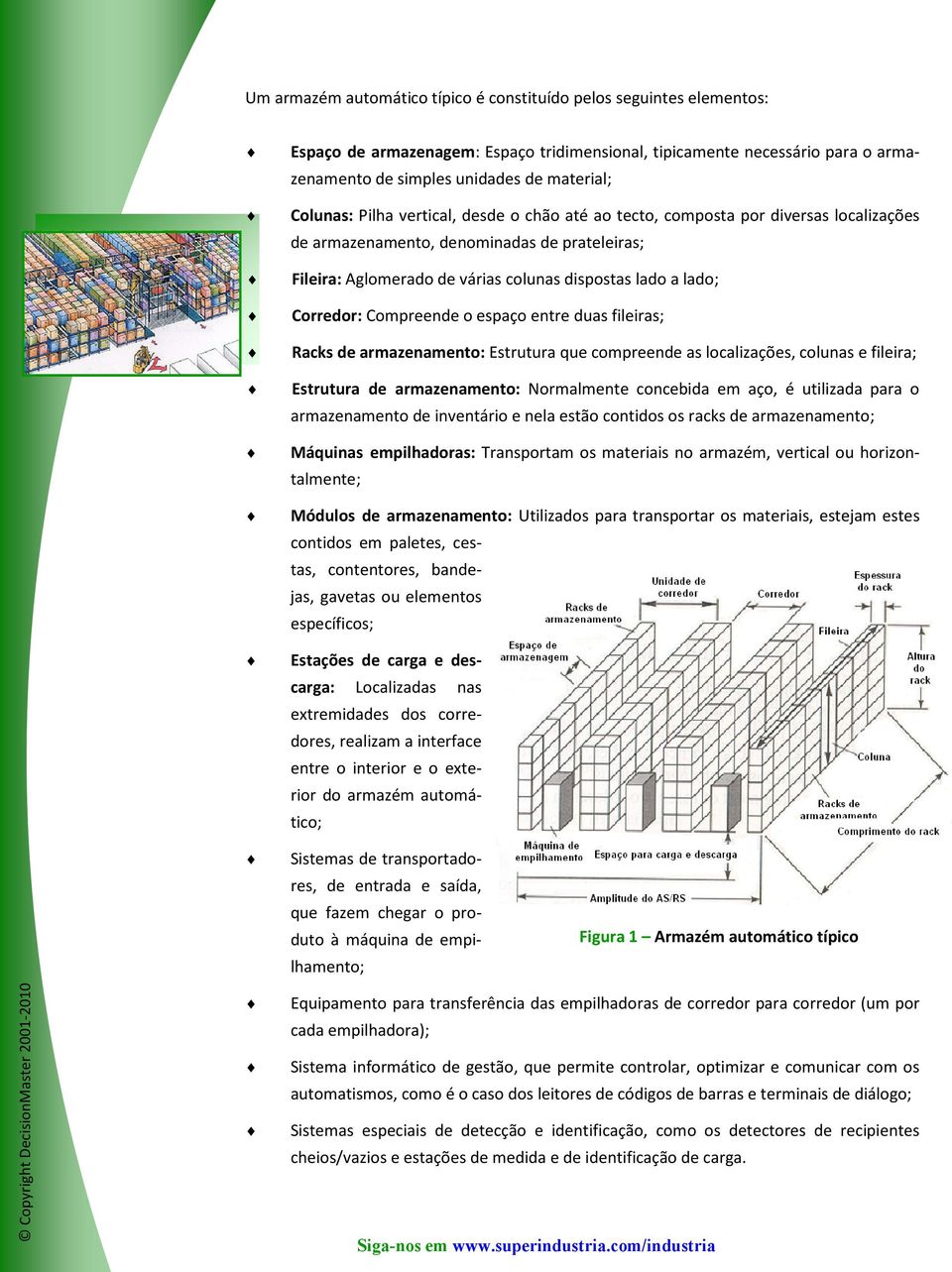 Corredor: Compreende o espaço entre duas fileiras; Racks de armazenamento: Estrutura que compreende as localizações, colunas e fileira; Estrutura de armazenamento: Normalmente concebida em aço, é